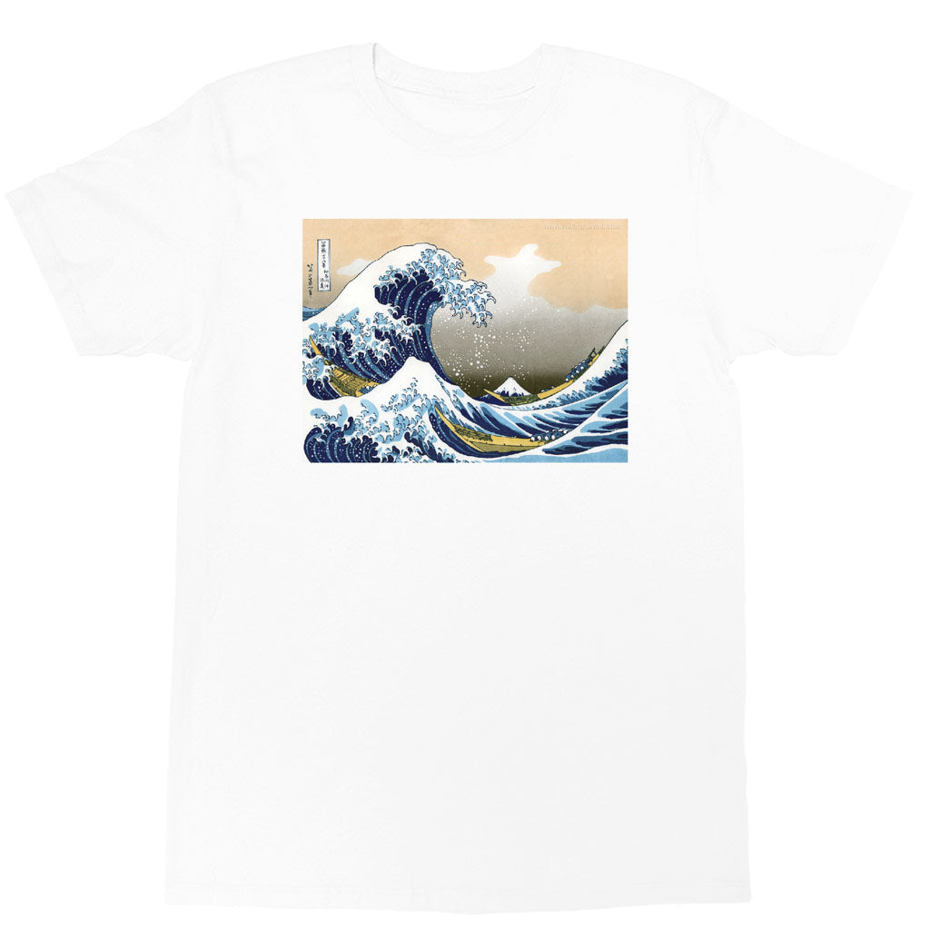 A white t-shirt with the famous Great Wave ukiyo-e print on it.