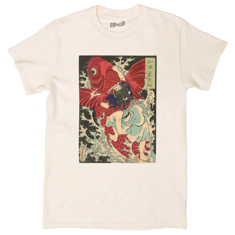 A beige graphic tee with a samurai riding a koi fish on it.