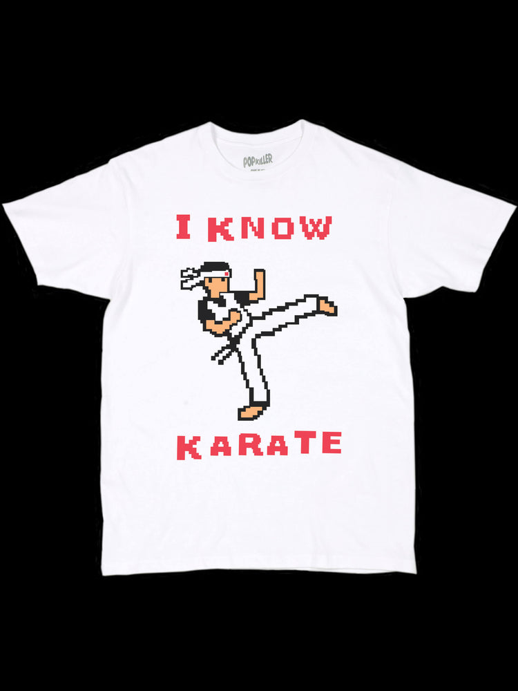 White funny 8bit karate graphic tee by Los Angeles brand Popkiller.