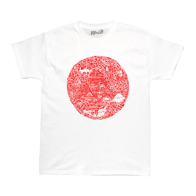 Illustrated scenes of Japan on a white graphic t-shirt.