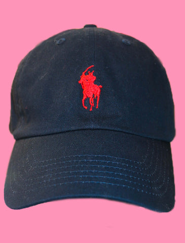 Navy cap with a shogun logo design parodying a famous fashion brand.