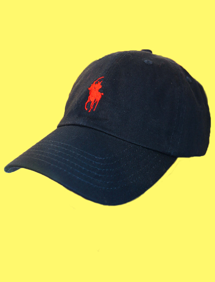 Navy cap with a shogun embroidered logo design parodying a famous fashion brand.