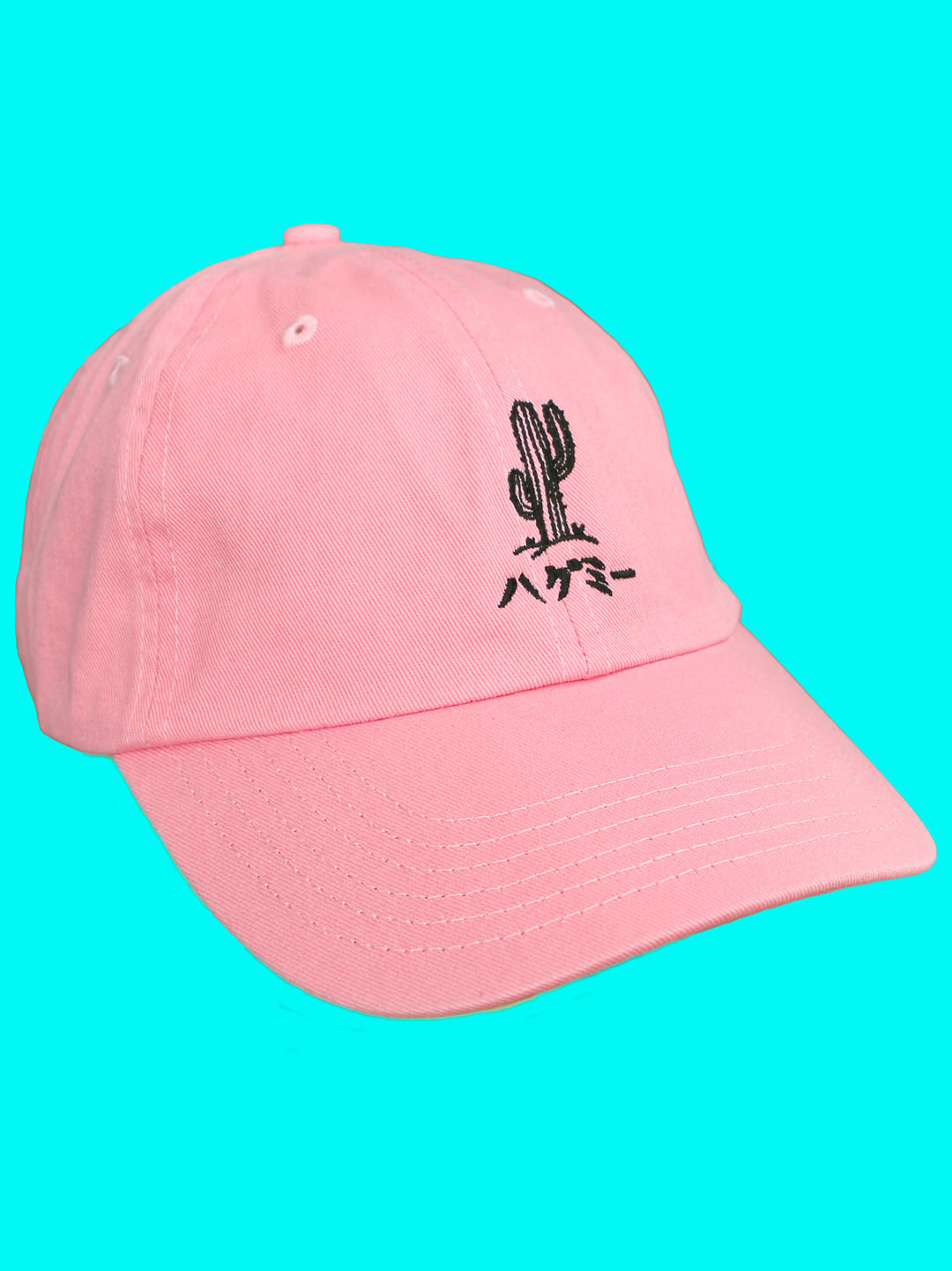 Pink polo cap with a cactus embroidered on the front that reads 'hug me' in Japanese.