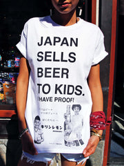White Japan sells beer to kids graphic tee by Los Angeles brand Popkiller.