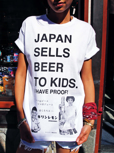 White Japan sells beer to kids graphic tee by Los Angeles brand Popkiller.