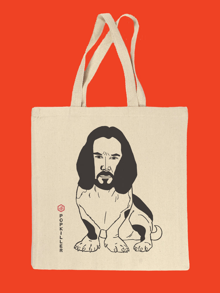 Keanu Reeves as a bassethound dog design on a tote bag.