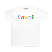 A white vaporwave t-shirt that says kawaii in rainbow font.