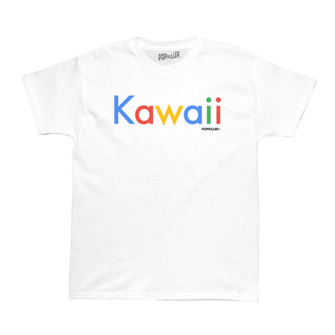 A white vaporwave t-shirt that says kawaii in rainbow font.