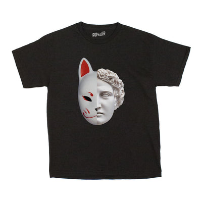 A black graphic tee with a vaporwave kitsune face on it.