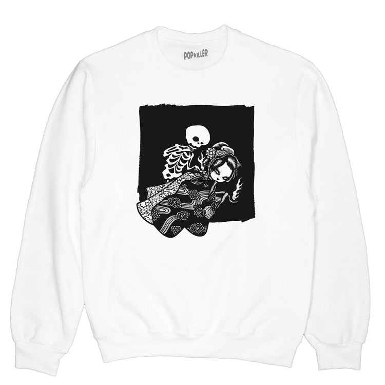 White sweatshirt with a Japanese ghost on it.