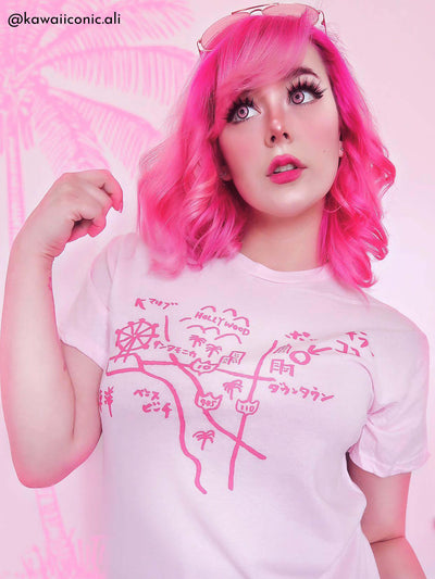 A kawaii pink graphic tee with an illustrated map of LA.