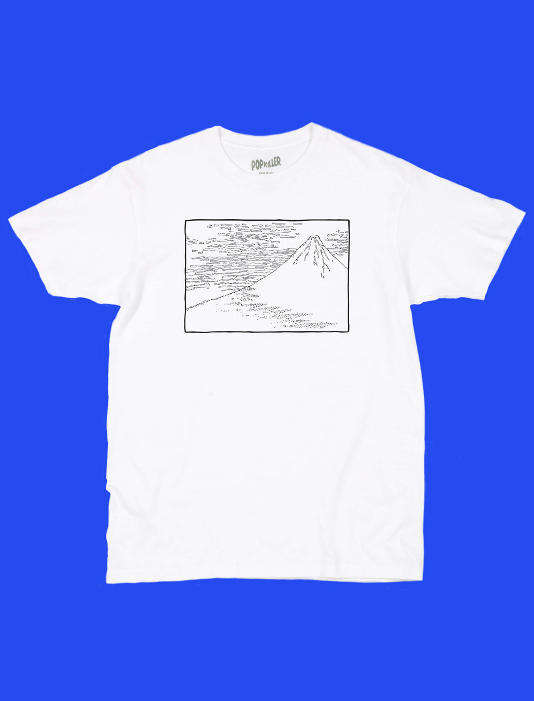 Line drawing of Mt. Fuji on a graphic tee.