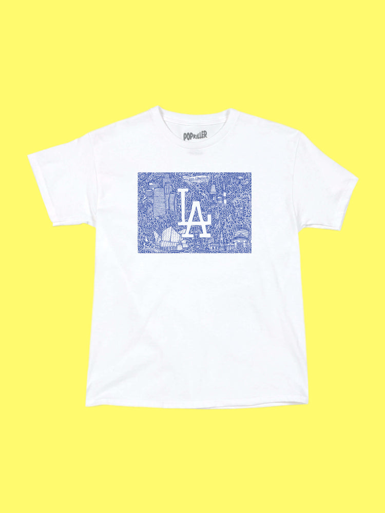 LA themed artwork on a white graphic t-shirt.