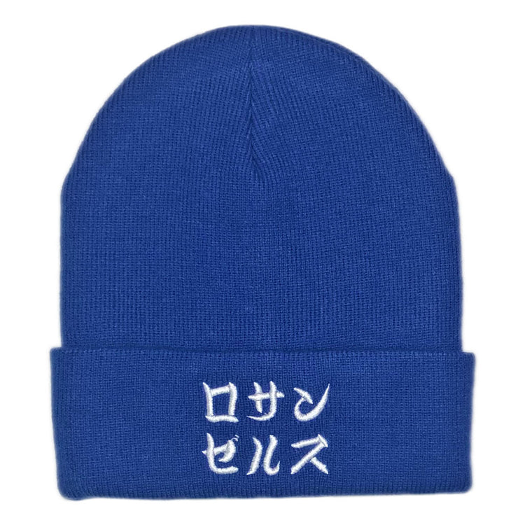 A blue embroidered beanie that says Los Angeles in katakana.