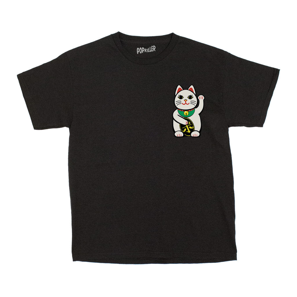 A black graphic tee with a white lucky cat on the chest.