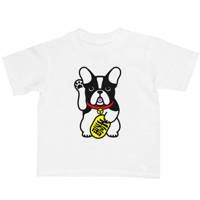 A white kid's t-shirt with a lucky dog on it.