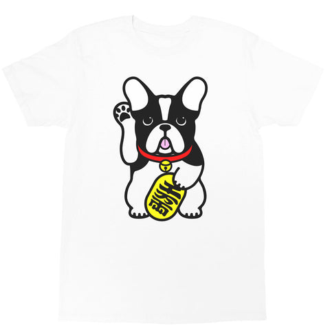 White lucky French bulldog graphic t-shirt by LA brand Popkiller.