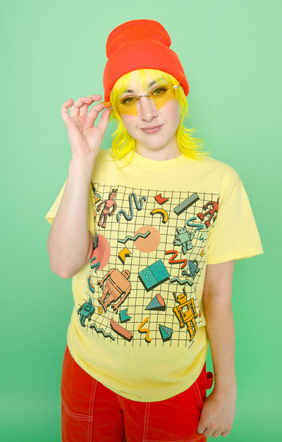 Mallsoft vaporwave aesthetic graphic apparel worn by a model