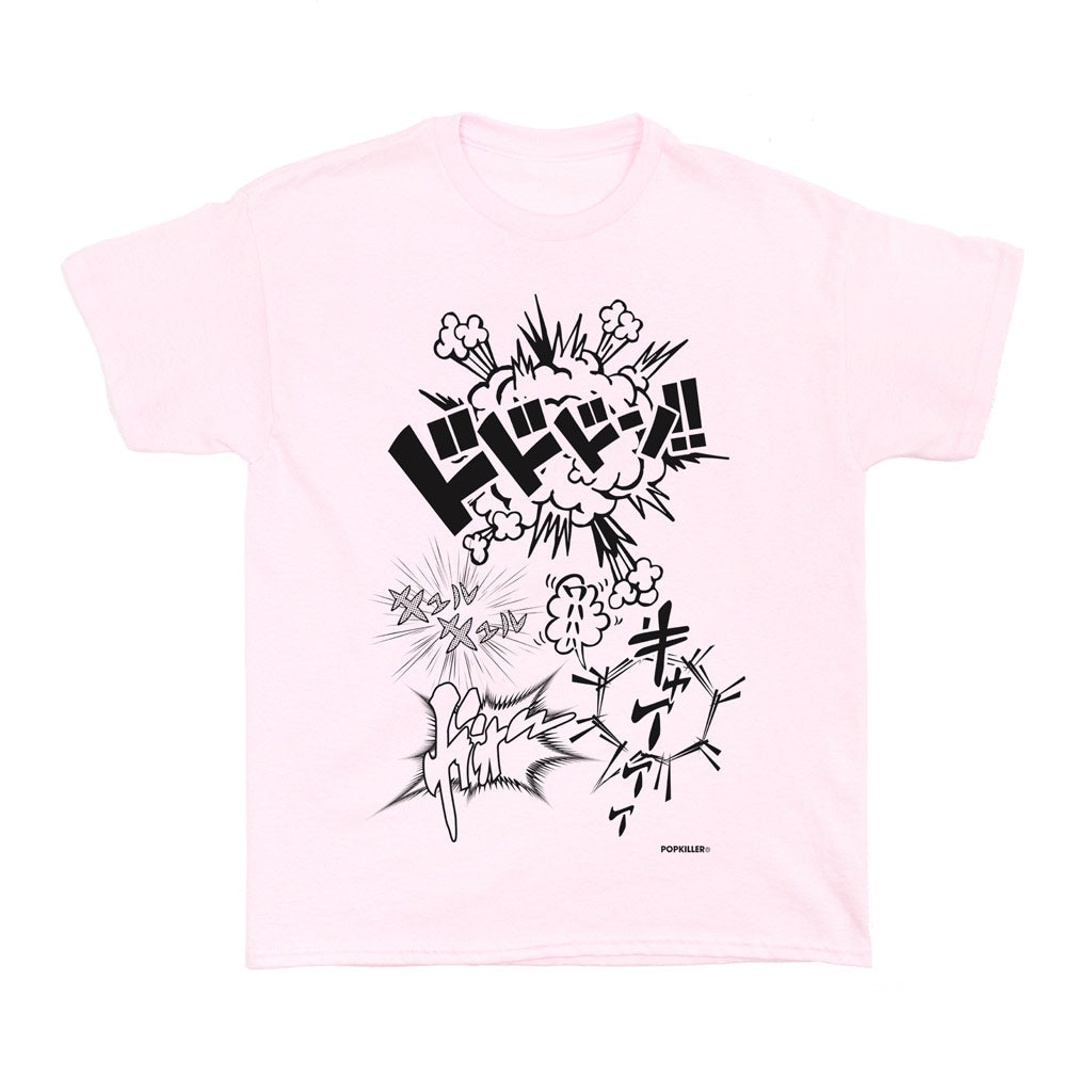 A pink graphic tee depicting Japanese onomatopoeia.