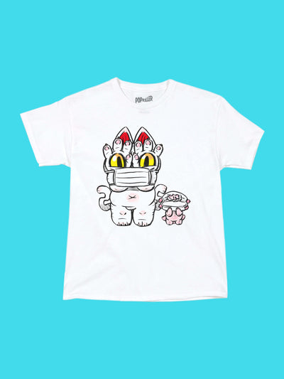 Anime masked cat and axolotl characters graphic t-shirt.