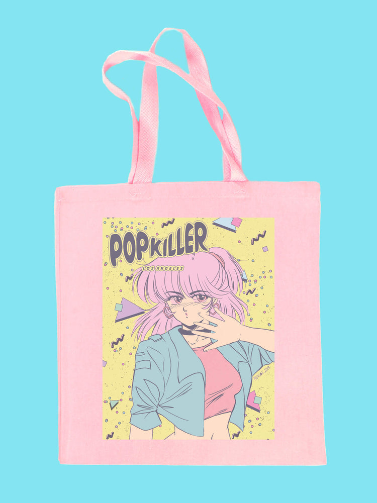A pink retro anime tote bag.