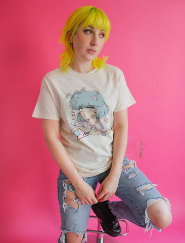 Retro anime cat girl graphic t.