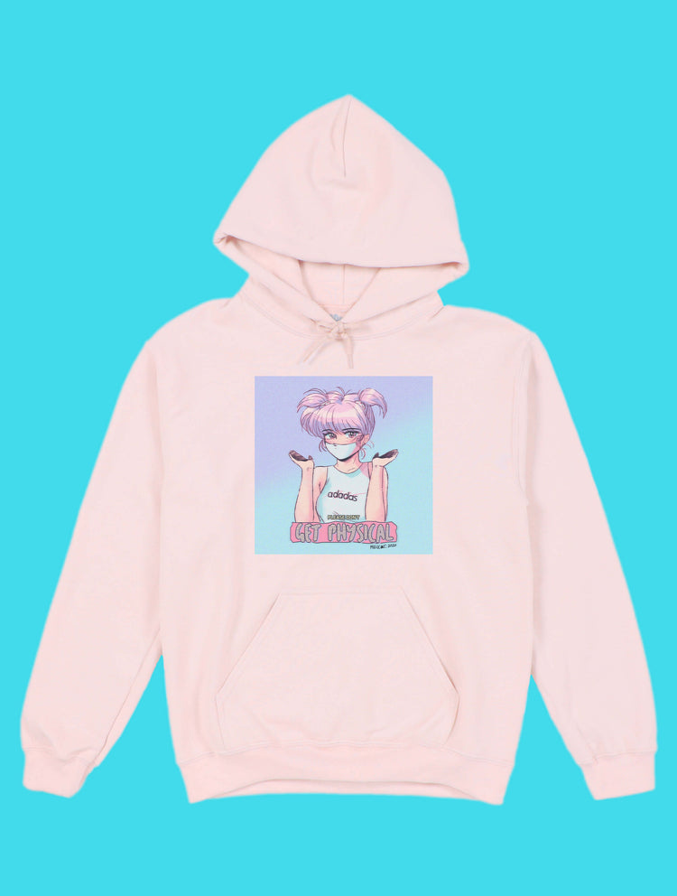 Soft pastel anime girl with pink hair graphic hoodie. 