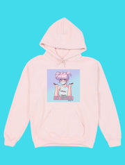 Soft pastel anime girl with pink hair graphic hoodie. 