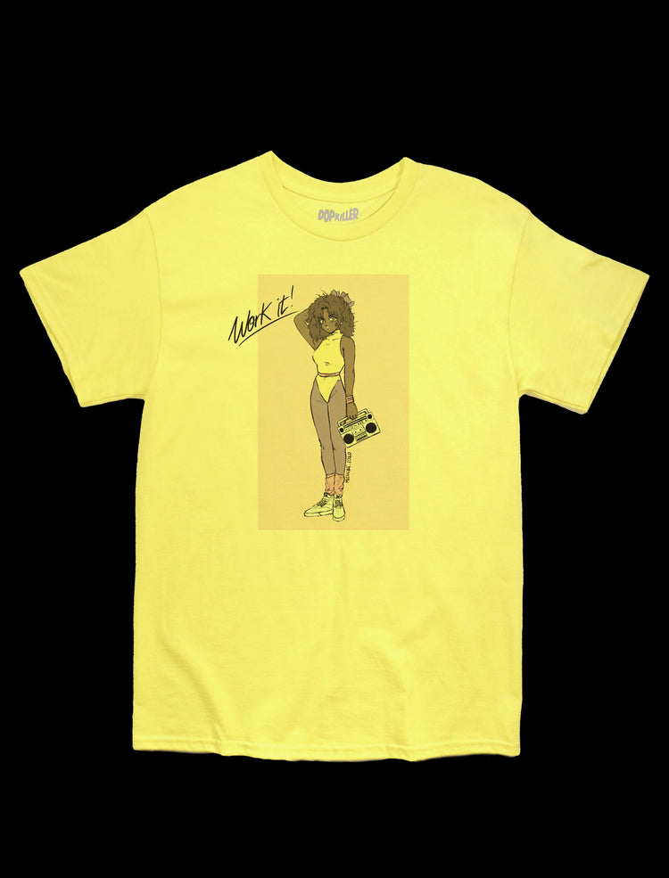 Jazzercise 80s work out routine anime yellow tee.