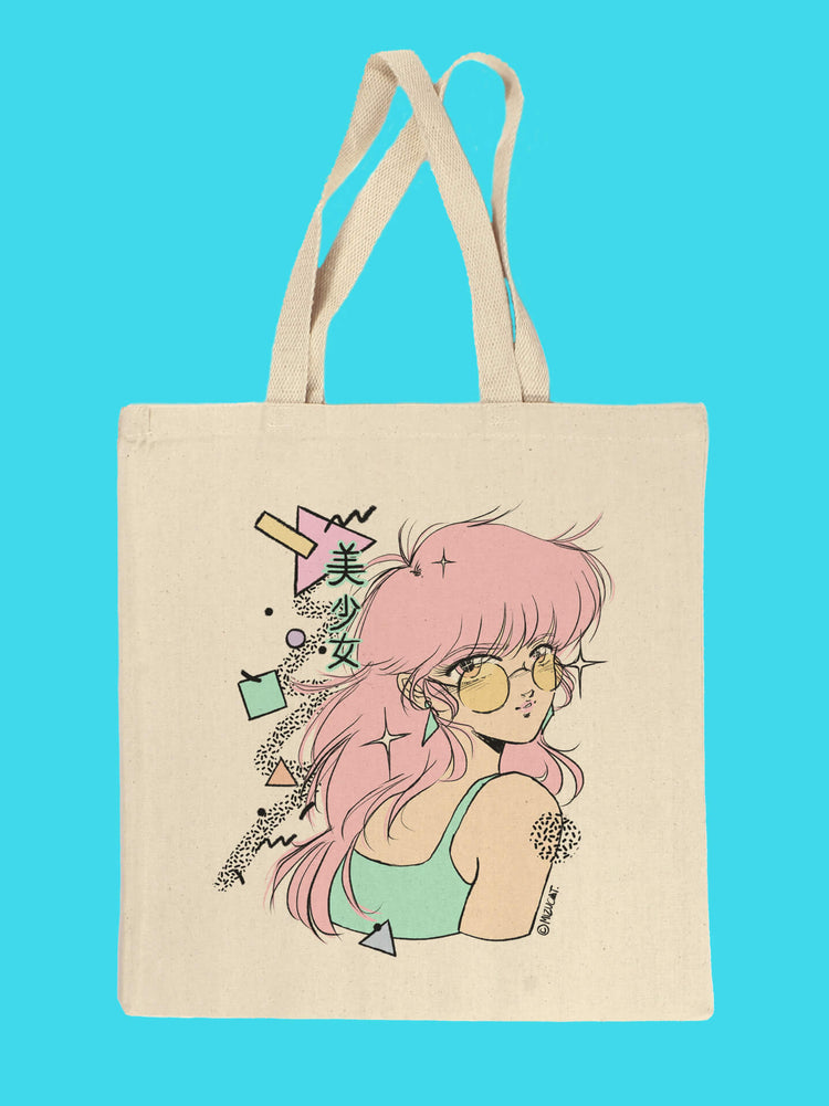 Beautiful pink hair retro anime girl aesthetics canvas bag by Manga style artist Mizucat.