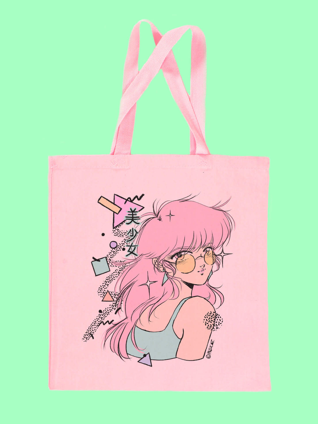 Beautiful pink hair retro anime girl aesthetics pink canvas bag by Manga style artist Mizucat.