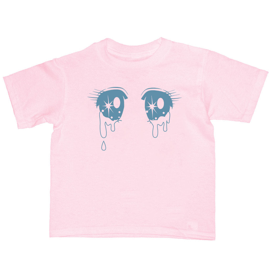A pink kid's tee with shoujo anime eyes on it.
