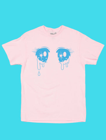 Pink t-shirt with crying shoujo anime eyes on it.