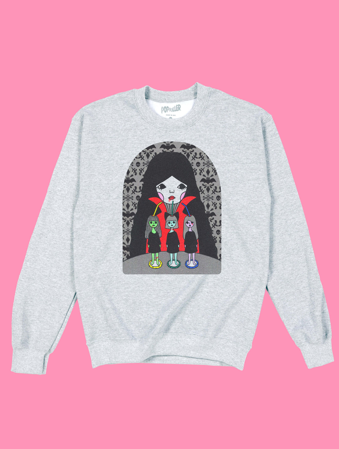 Kawaii goth vampire boss babe drinking blood graphic sweater in ash color.
