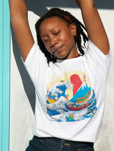 Model wearing cute Japanese Hokusai wave designed by sunae artist Naoshi.