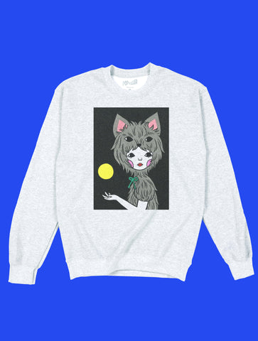 Kawaii spooky werewolf girl holding the moon graphic ash sweatshirt.