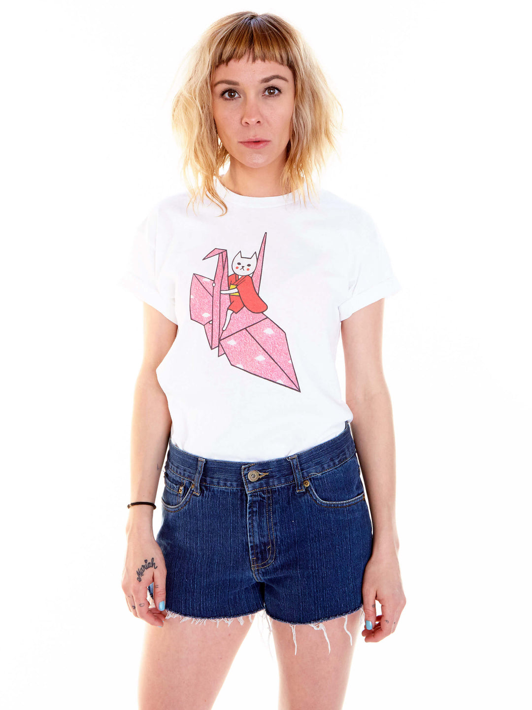 Model wearing a kawaii origami cat t-shirt.