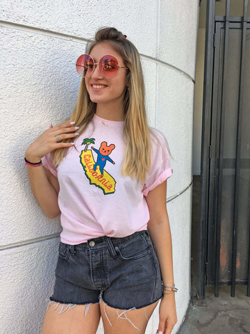 Kawaii bear surfing on California graphic t-shirt.