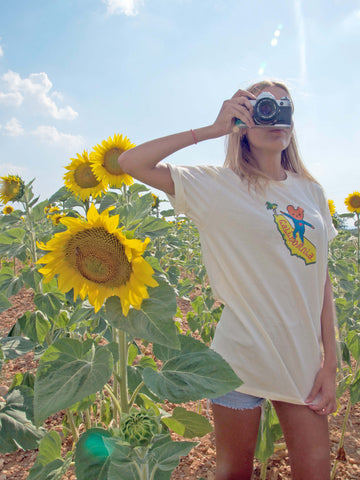 Cream graphic tee with California bear by Los Angeles artist Naoshi.