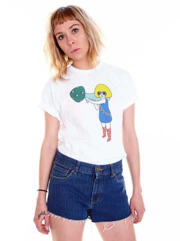 Model wearing a kawaii mushroom character t-shirt.