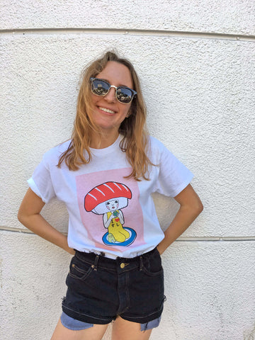 Model wearing sushi anime t-shirt.