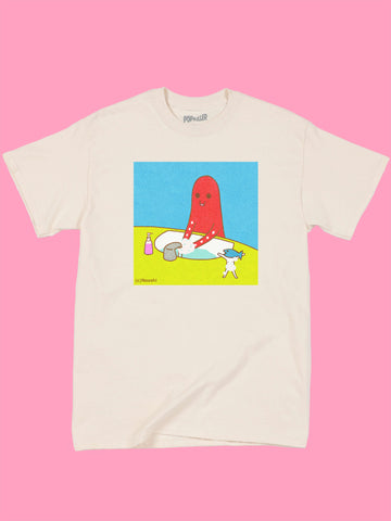 Natural graphic tee with kawaii octopus washing his hands by Los Angeles artist Naoshi.
