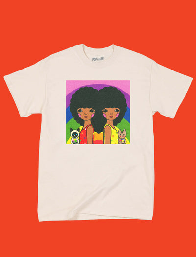 Kawaii heart afro twins with gay rainbow graphic tee by Japanese sand artist Naoshi. 