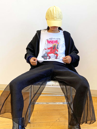 Model wearing a cyberpunk anime t-shirt.