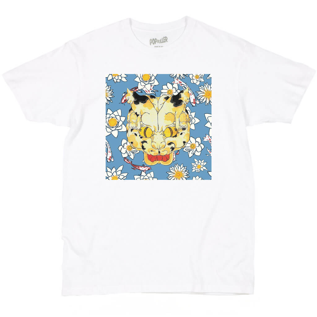 White trippy cat and koi fish t-shirt.