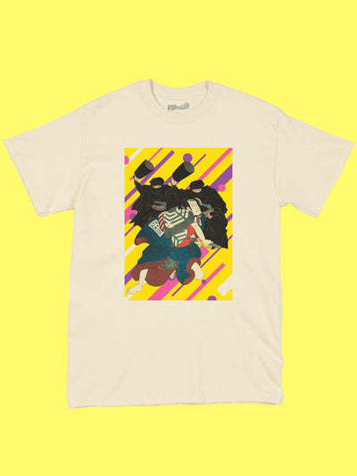 Natural 80s Memphis style ninjas graphic t-shirt.