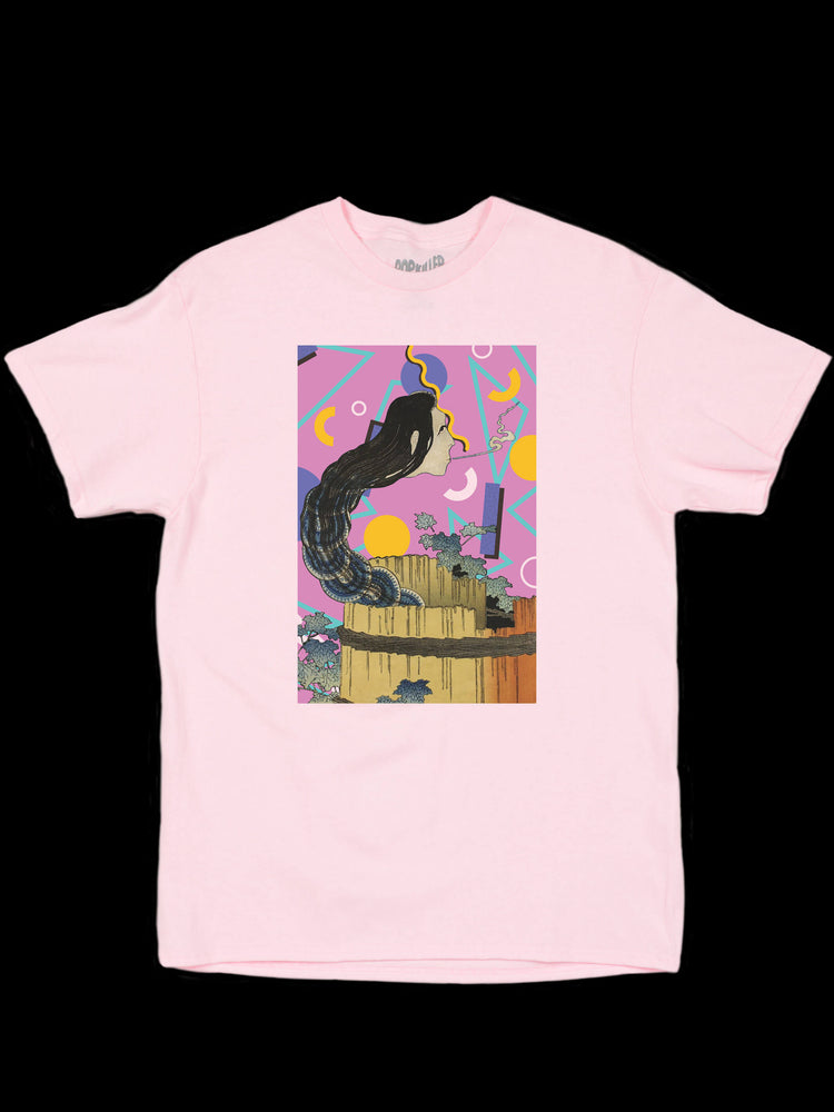 Pink Japanese demon graphic t-shirt.