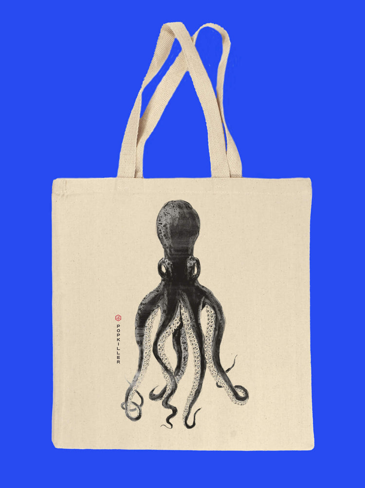 Sumi-e painting of an octopus on a canvas bag.
