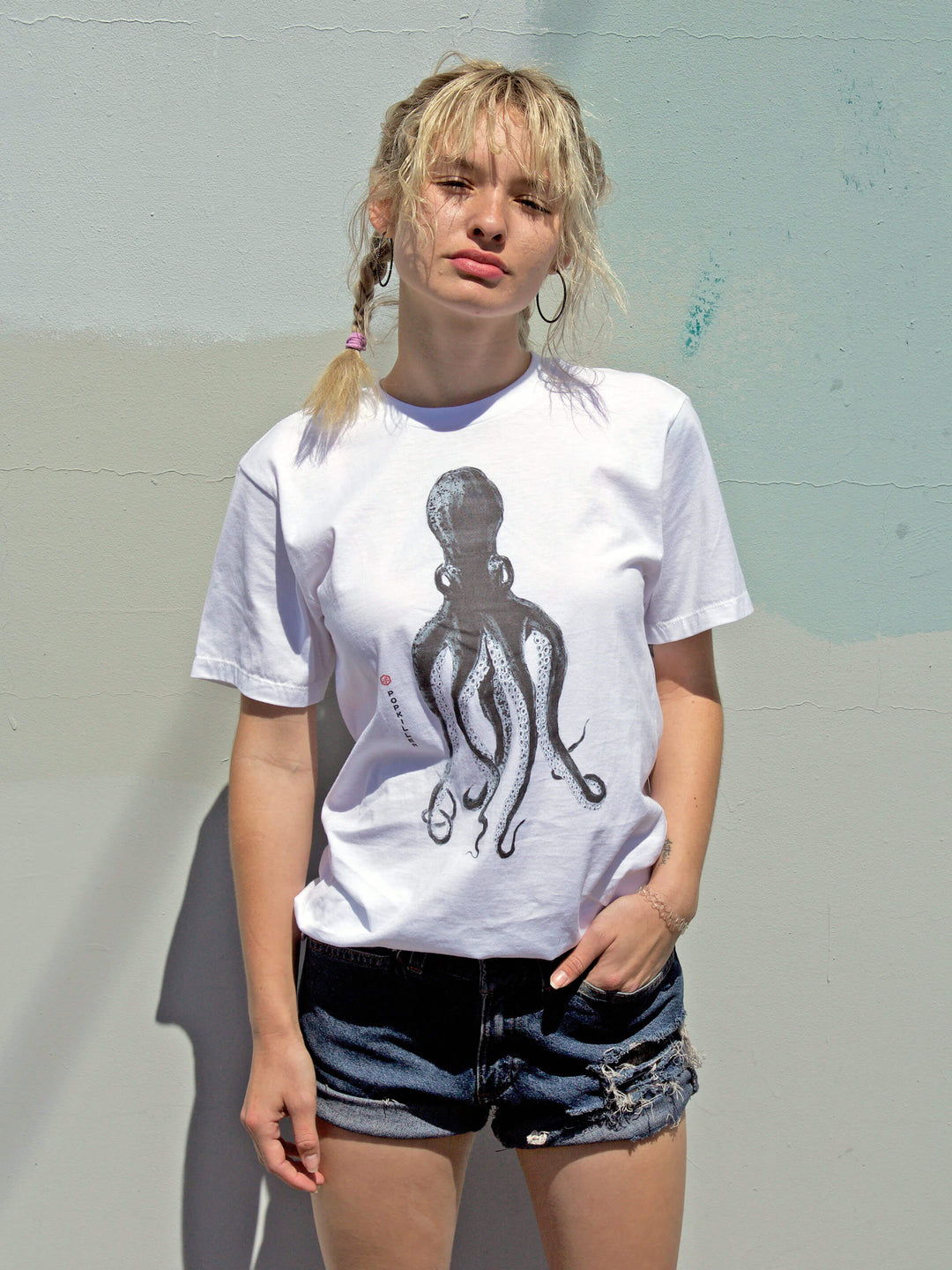 White octopus graphic tee by Los Angeles brand Popkiller.