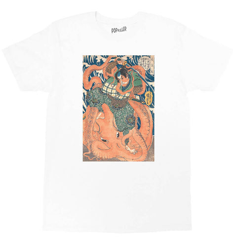 A white graphic tee with a Japanese ukiyoe octopus print on it.